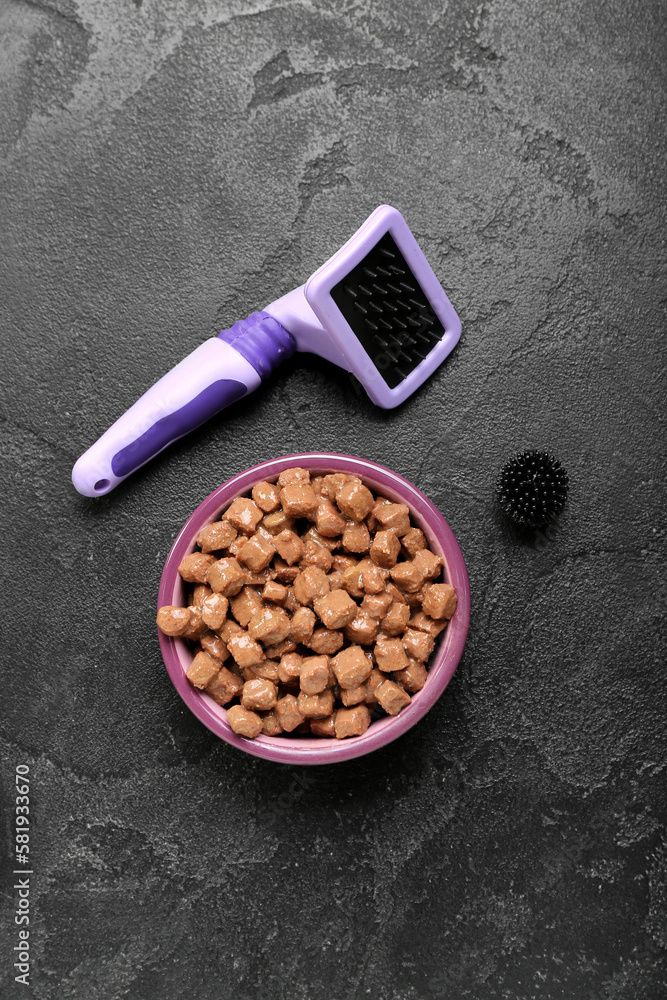 Bowl of wet pet food, grooming brush and toy on dark background