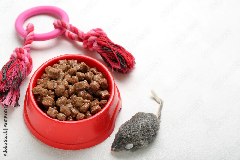 Bowl of wet pet food and toys on light background