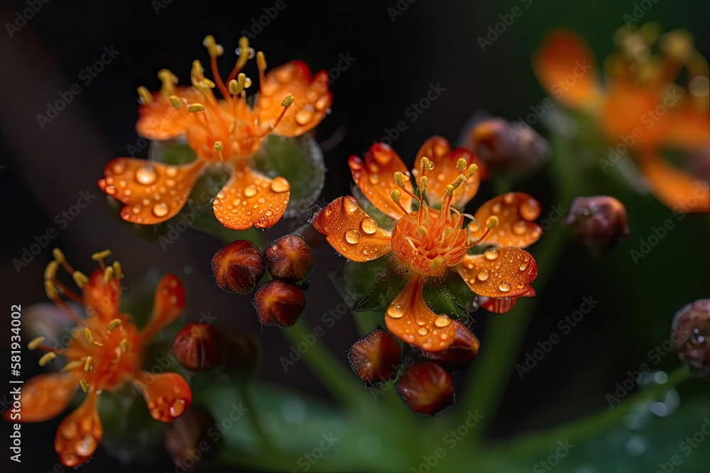 Orange miniature flowers captured in a macro (close up) shot in the wild. Generative AI