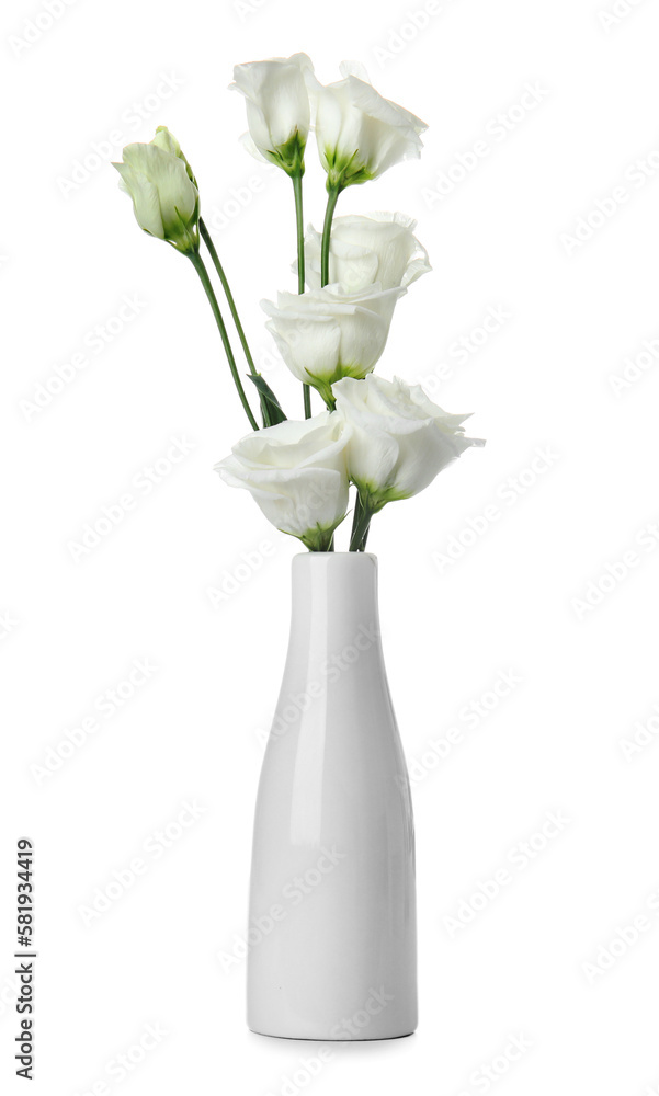 Vase with delicate eustoma flowers isolated on white background