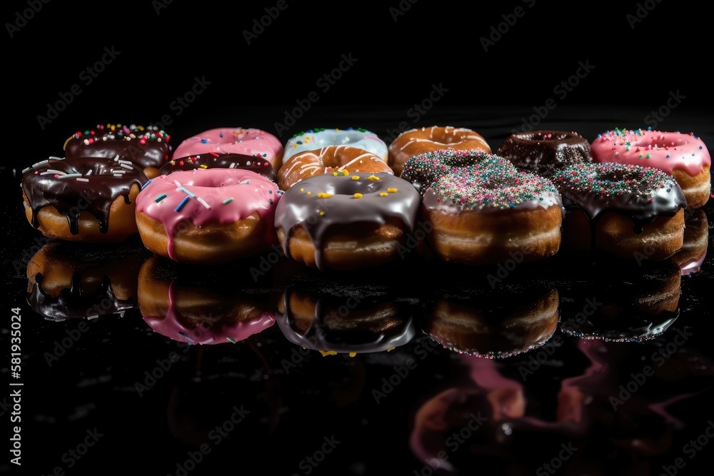 Set of glazed donuts in the air with sprinkles on a background of black with reflections. Generative