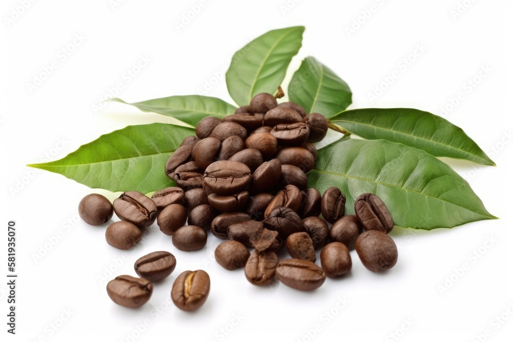 fresh foliage and coffee beans on a white background. Generative AI