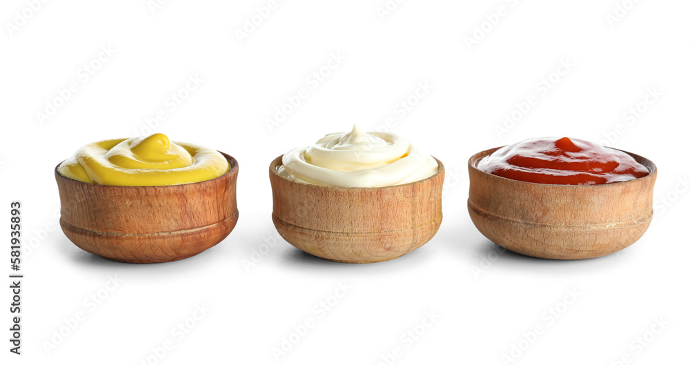 Bowls with different sauces isolated on white background