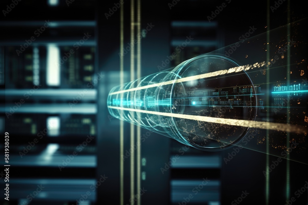 Scope scanning with sliding columns and icon above server room. Conceptual image of global technolog