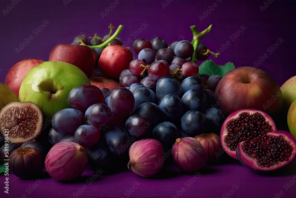 Mangosteen, onion, grapes, plum, blueberry, blackberry, dates, and eggplant are used in a creative l