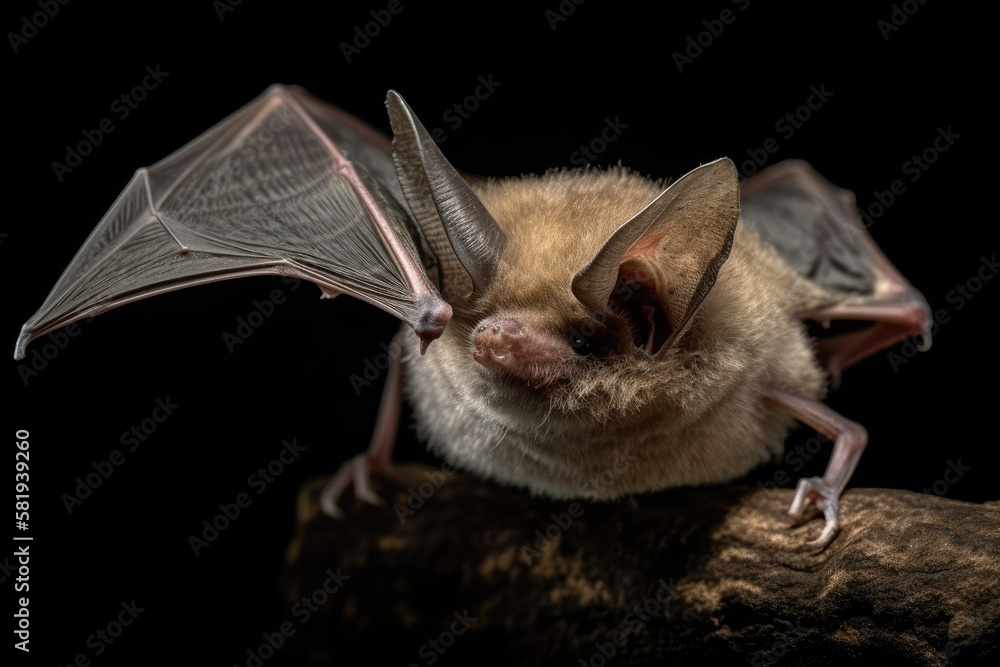 Isolated flying bat on a dark background. Plecotus austriacus, a rather sizable European bat, with l