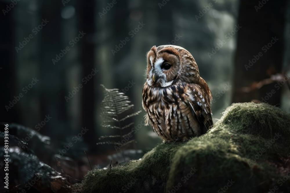 wildlife in forests. Tawny owl resting on a rock in the woodland. transparent green background lovel