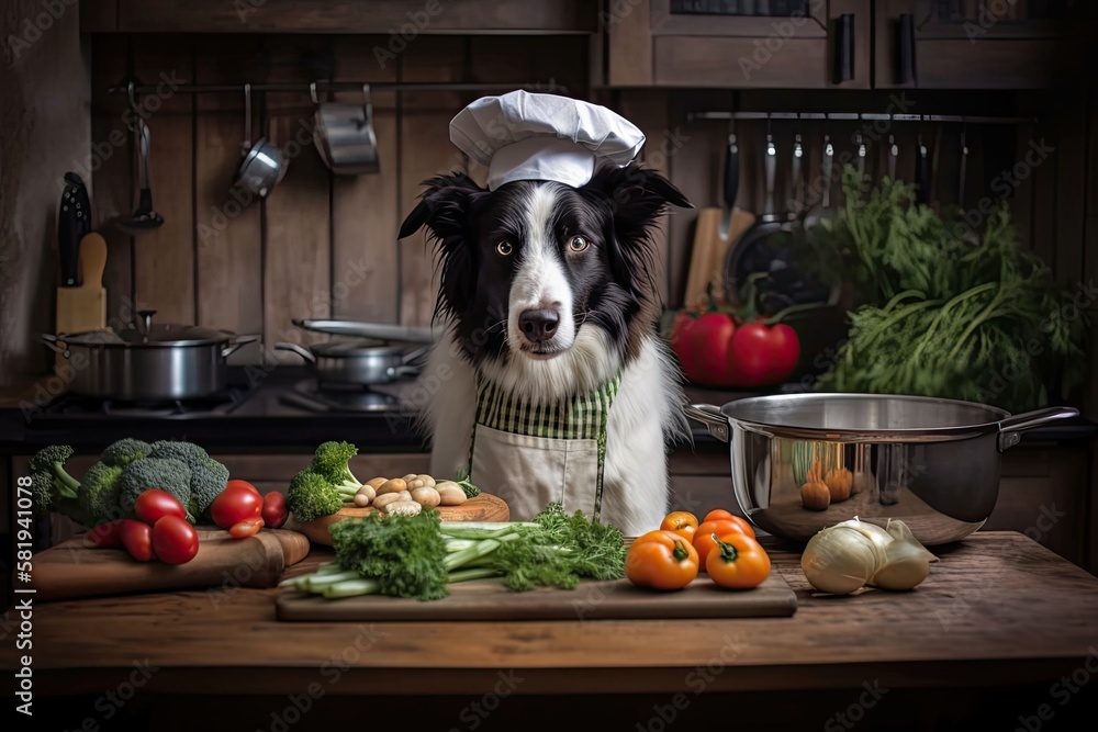 Vegetables are in the kitchen with the dog. Natural food and nutrition for animals. Border Collie we