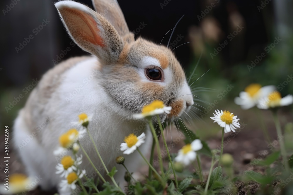 Little rabbit in the garden smelling a flower. Generative AI