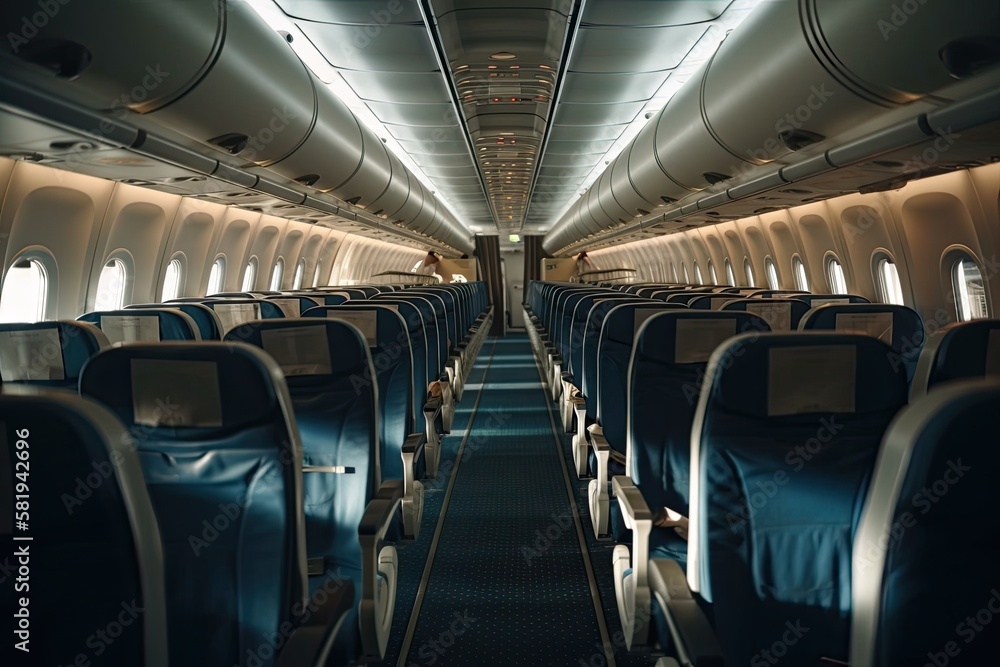 Empty passenger airplane seats in the cabin. Generative AI