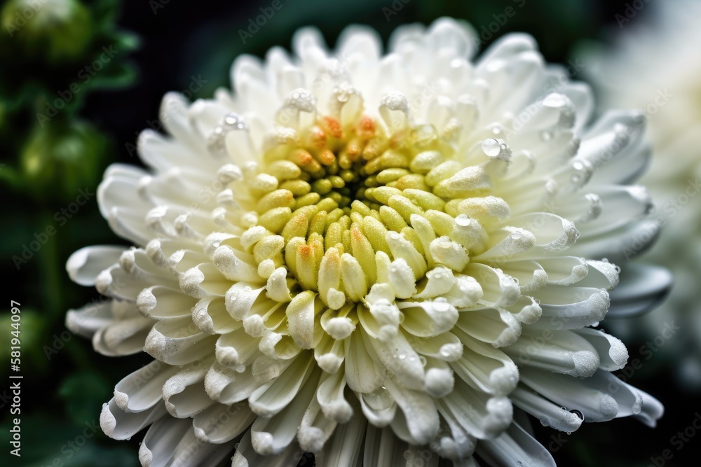 Full bloom of a white Pon Pon Mum (Chrysanthemum) flower. macro photography at close range. Generati