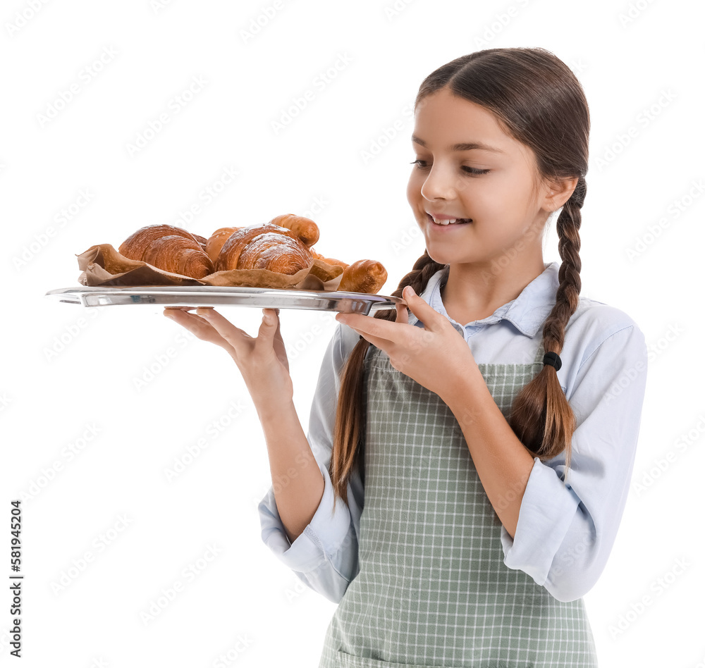 Little baker with tray of tasty croissants on white background