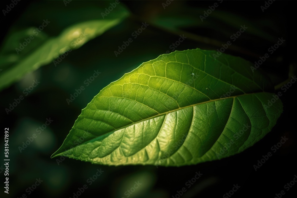 In macro photography, a fresh green top leaf. Generative AI