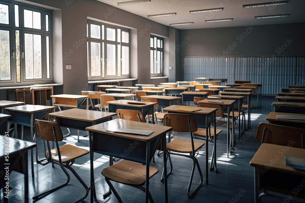 empty classroom with tables and chairs. Generative AI