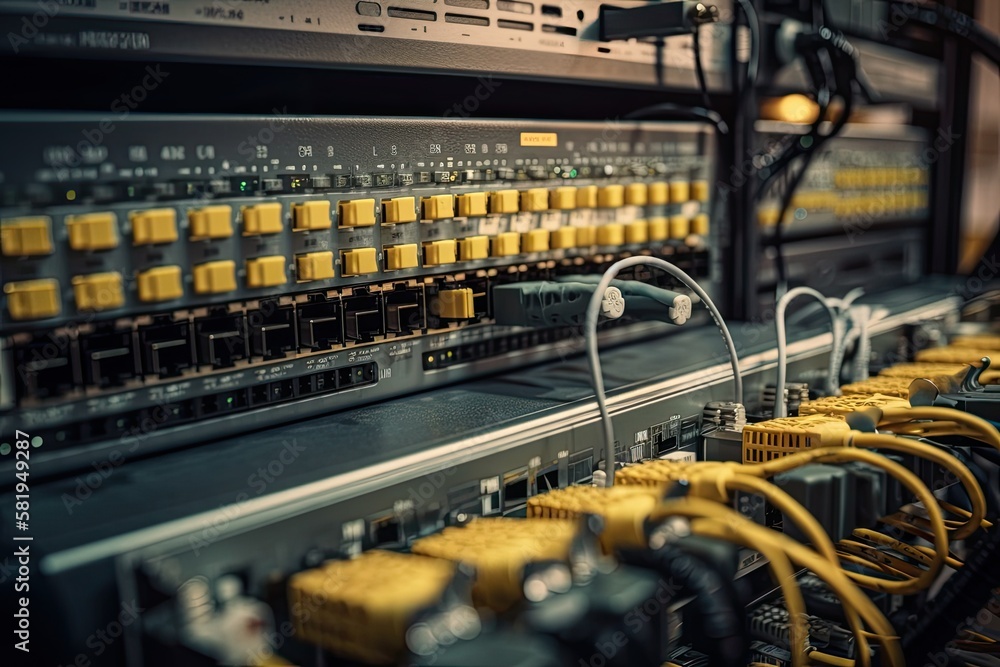 fiber optic cable label and high speed network router switch in a data center for technology. backgr