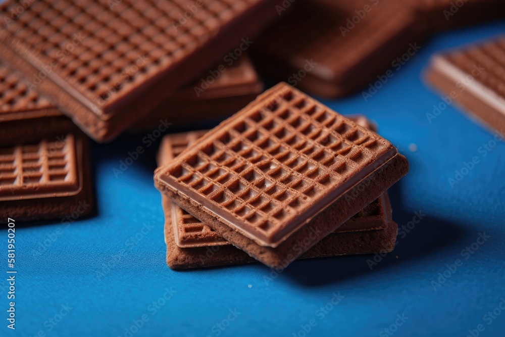 Square chocolate wafer cookies against a vibrant background of brown. looking up. Generative AI