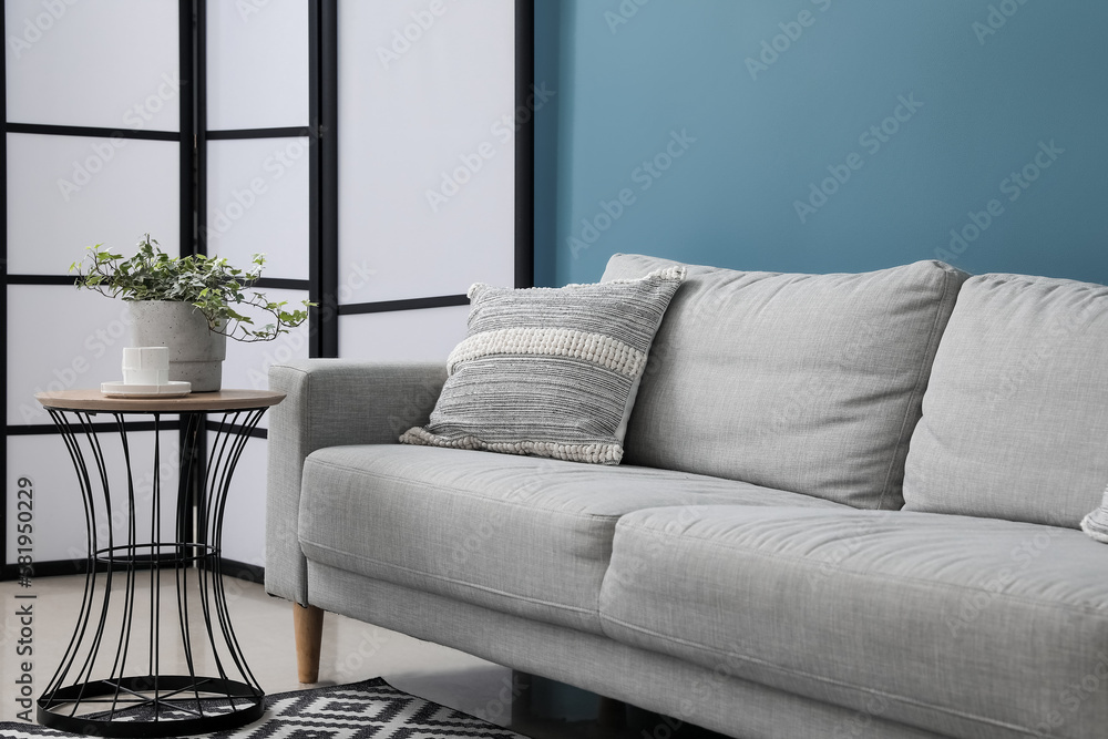 Grey sofa with cushion, houseplant on table and folding screen near blue wall