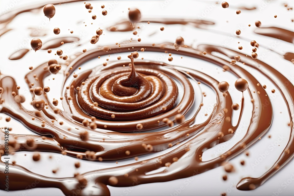 spiral shaped chocolate splashes with falling droplets over a white background. Generative AI