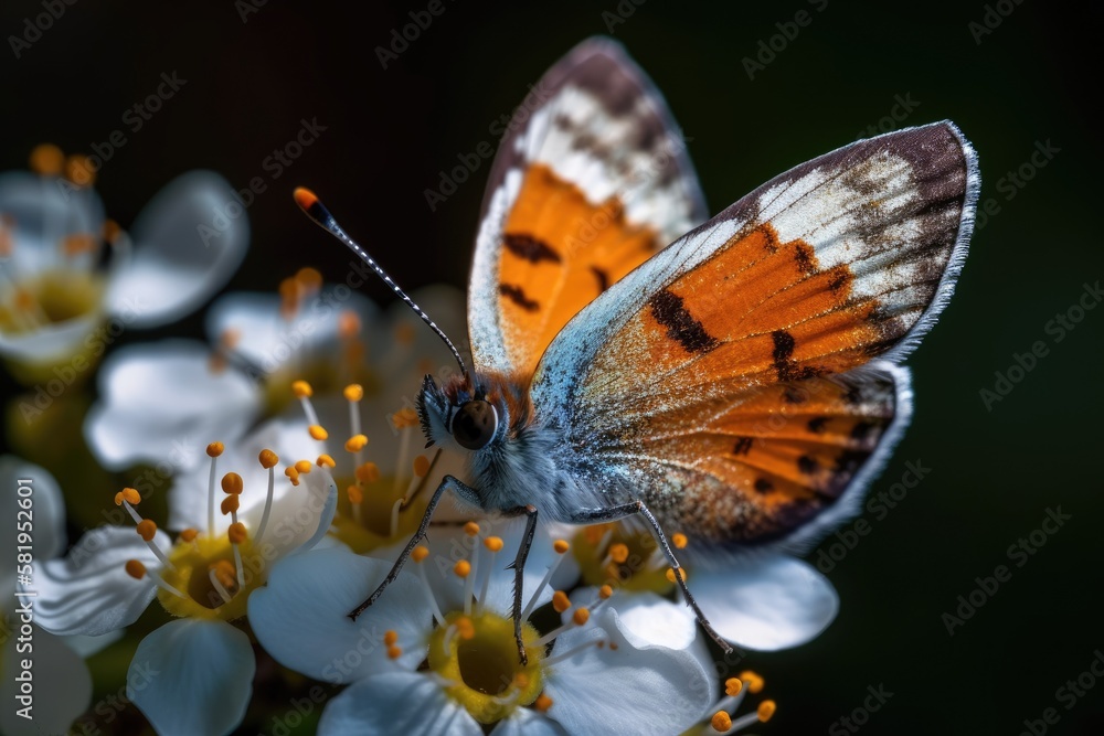 Macro pictures, lovely natural setting. Beautiful butterfly in closeup perched on a blossom in a sum