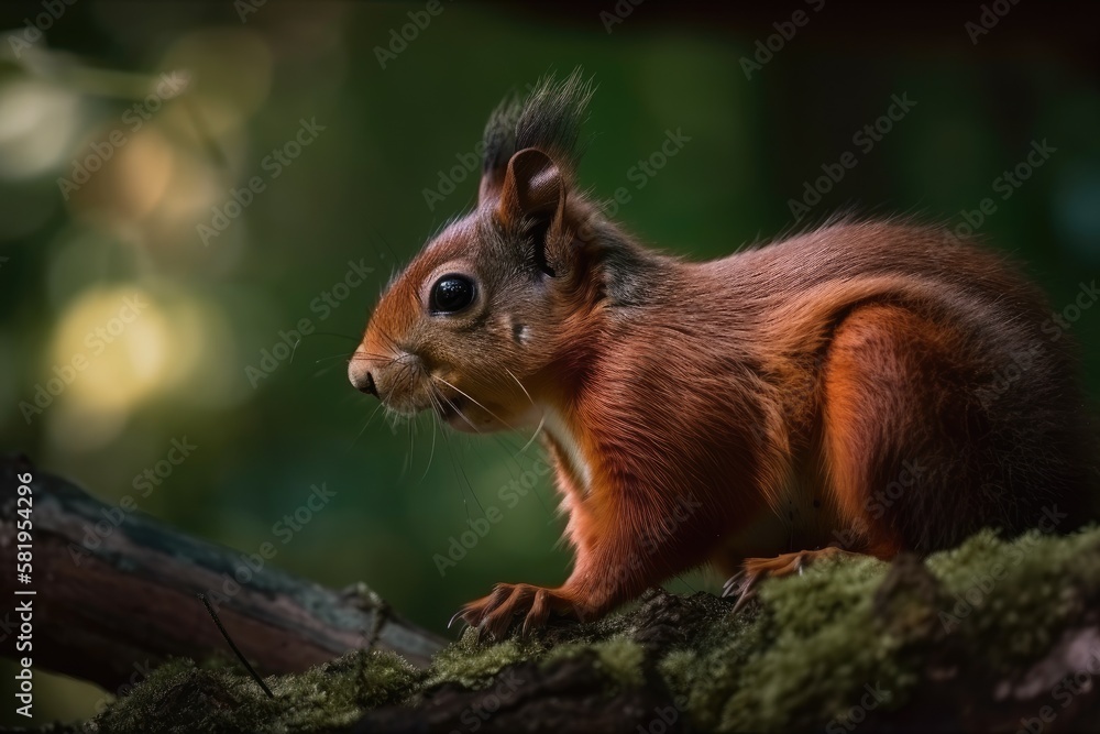 Squirrel (Sciurus vulgaris) in profile perched on a branch, set against a background of green. squir