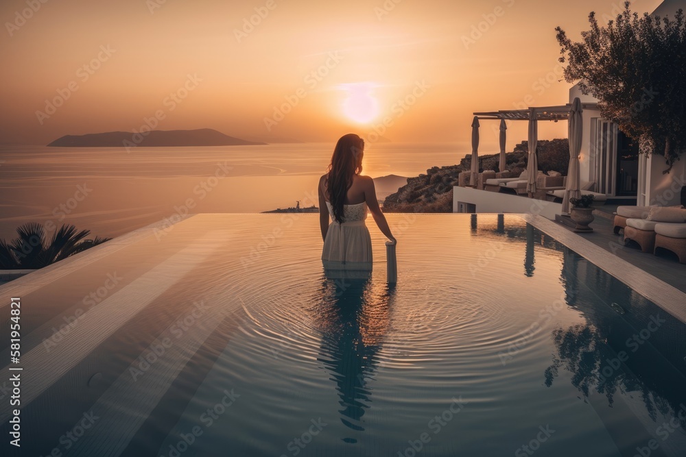 In Greece, an elegant woman in a white dress relaxes by the pool as the sun sets over the Aegean Sea