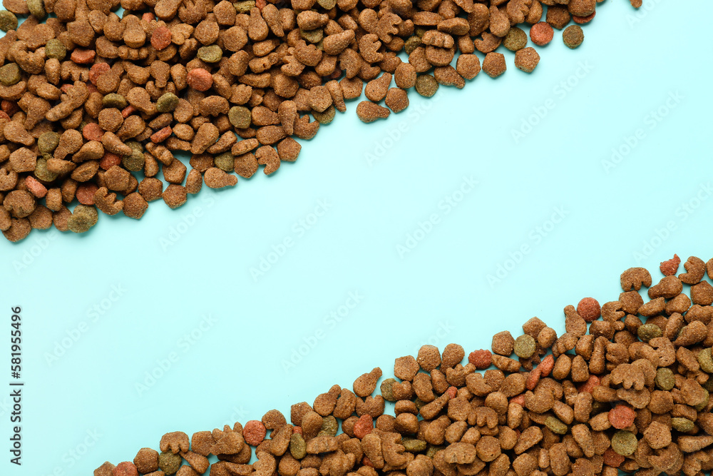 Dry pet food on color background, closeup