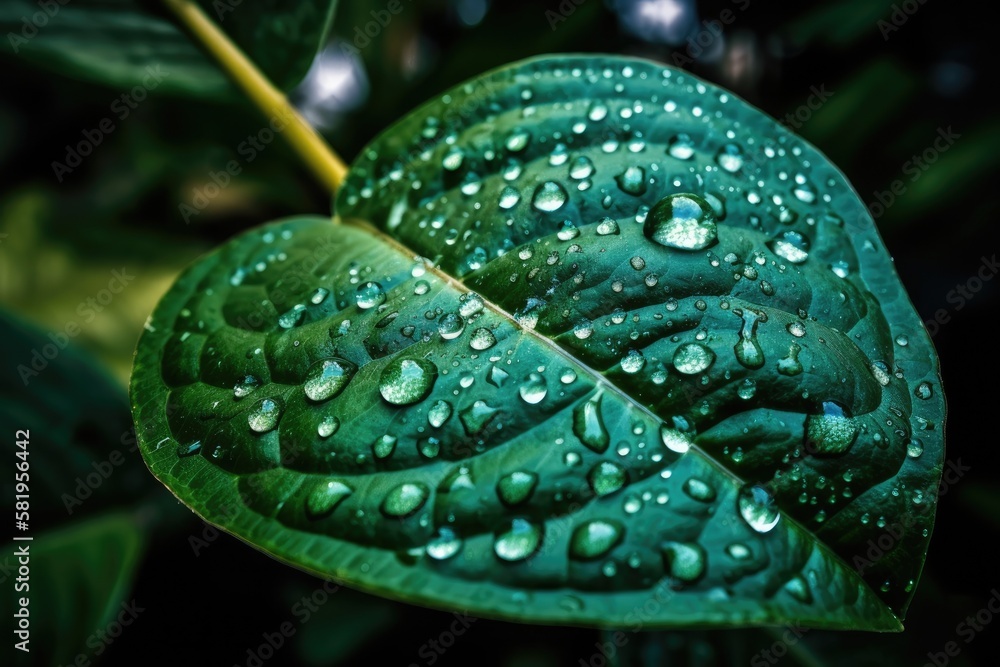 water drips on a green leaf. Generative AI