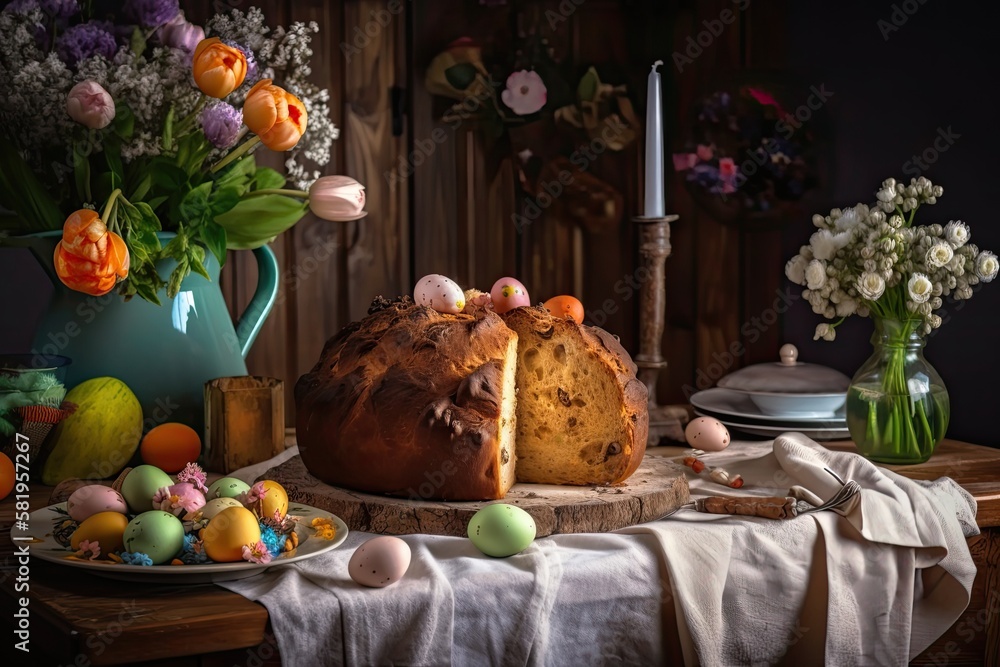 The table is decorated for Easter with an Italian Easter Panettone. Generative AI