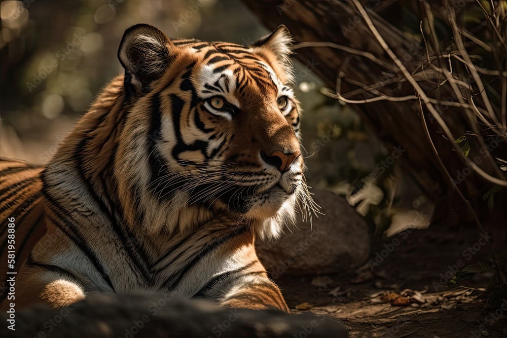 Under the warmth of the spring sun, a tiger relaxes. Generative AI