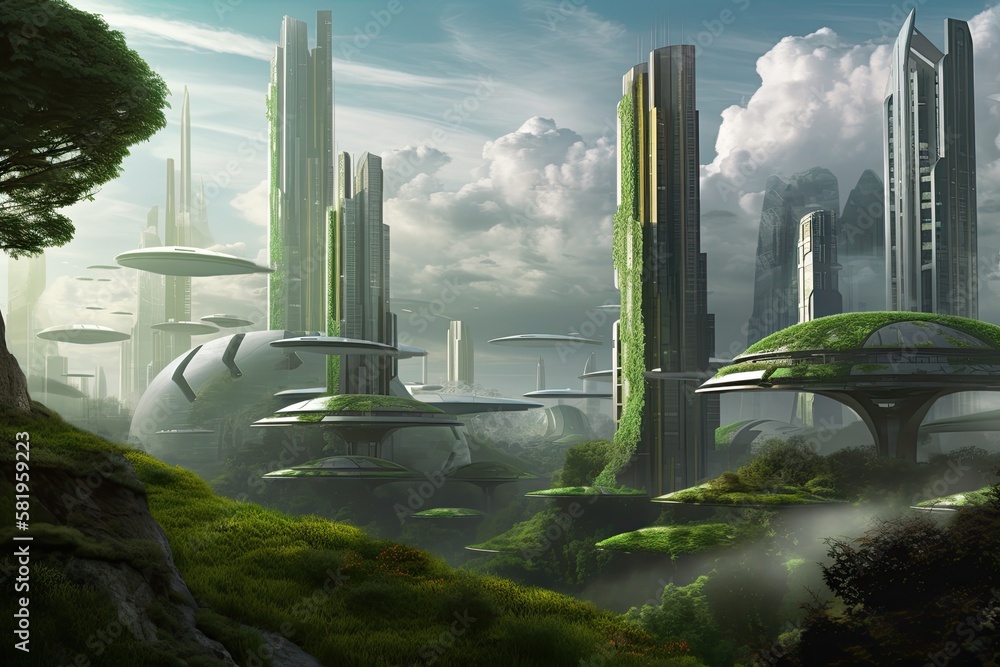 Futuristic Future City Sky Buildings from the sci fi industry. Fanciful Background Illustration Real