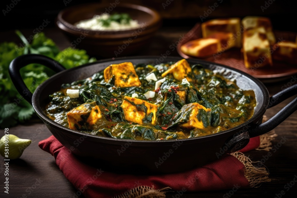 Served in a Karahi with Roti or Chapati with a gloomy backdrop, the popular Indian dish Palak Paneer