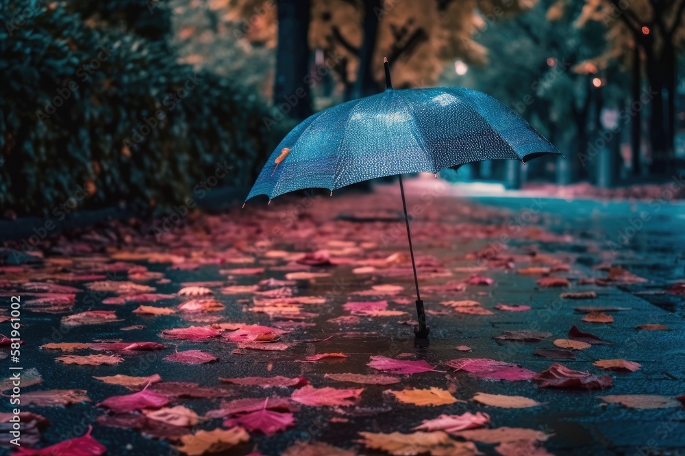 Rainy weather, autumn leaves blowing over the road, and a pink umbrella resting on the pavement duri