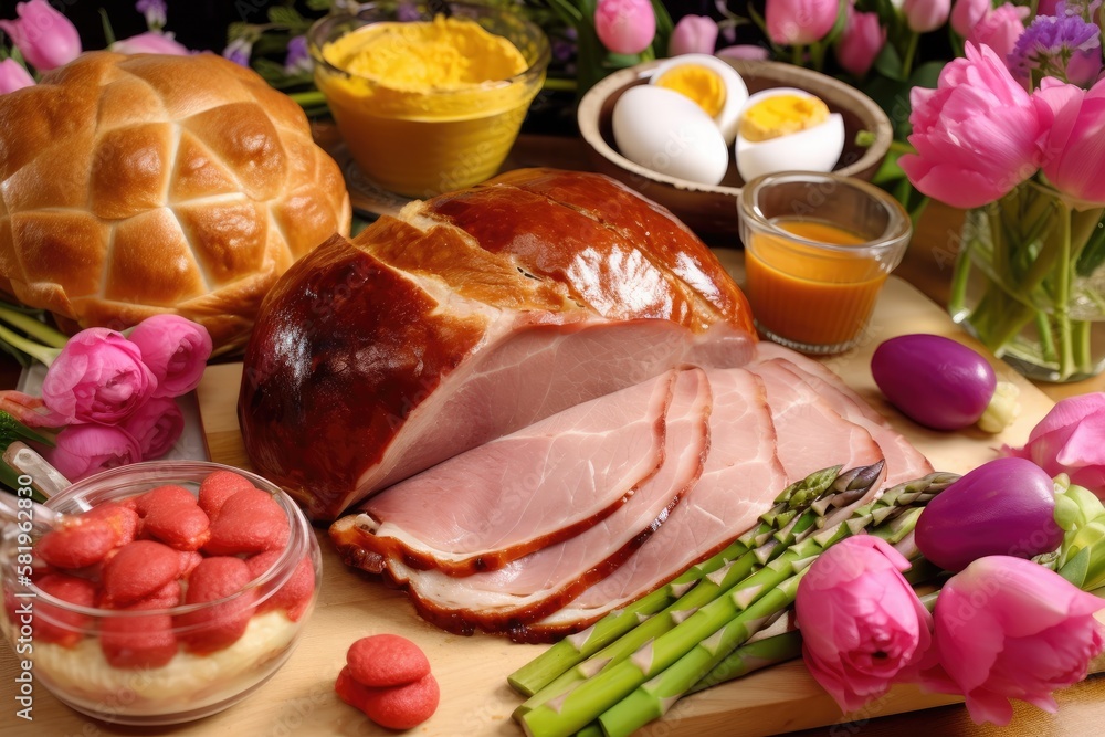 Whole baked honey sliced ham served with cross hatched buns, asparagus, coloured Ester eggs, and fre