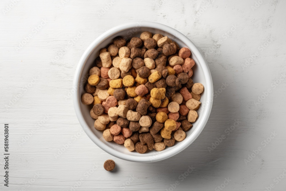 Top view mock up of a bowl filled to the brim with dog food bits and set on a white background. Gene