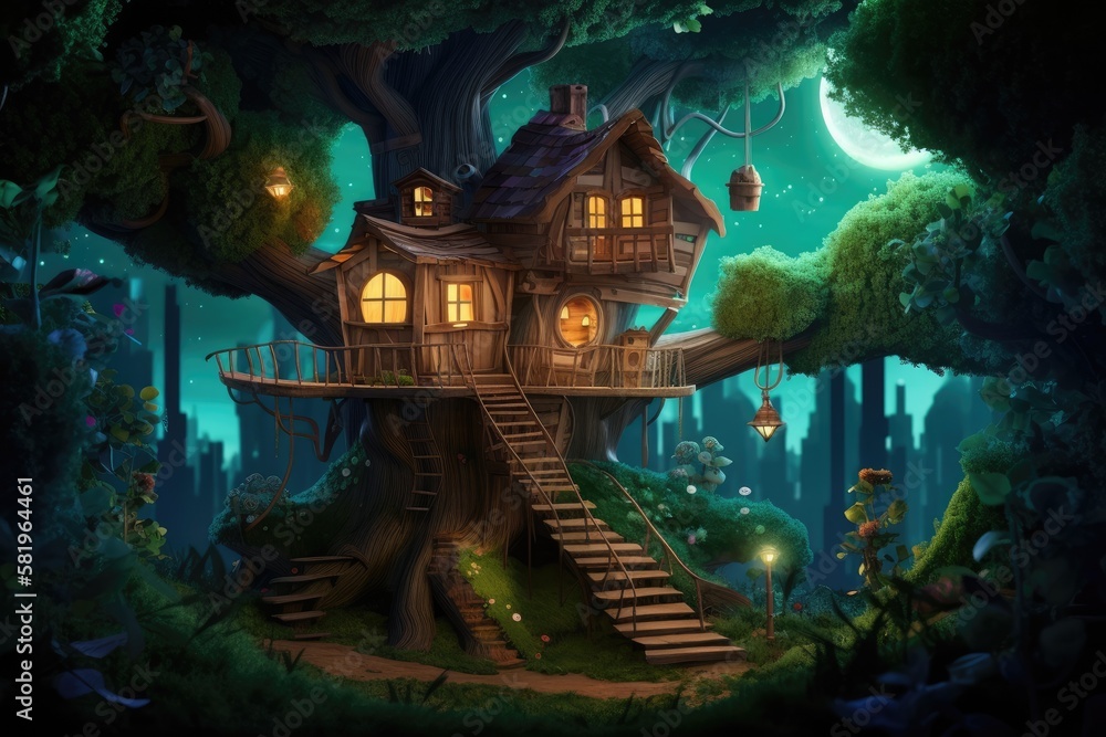 Nighttime forest setting in a tree house from a fantasy fairy tale. Generative AI