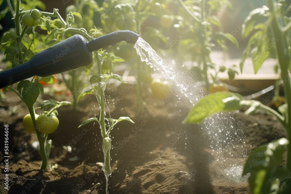 watering a tomato seedling in the greenhouse garden. Generative AI