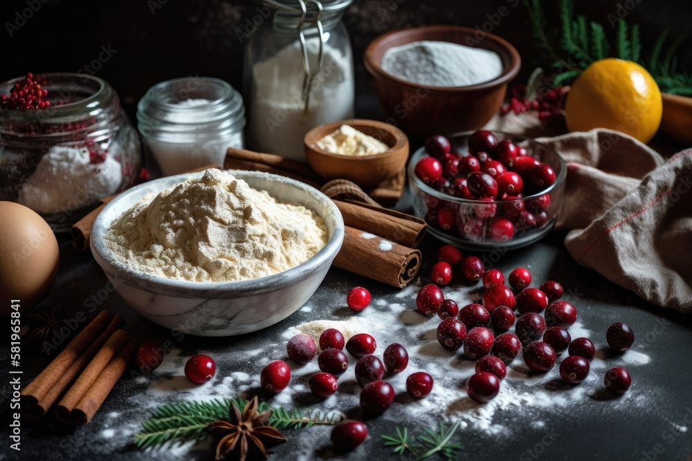 foodstuffs for cooking holiday baking Spices, cranberries, butter, sugar, and flour on the top of th