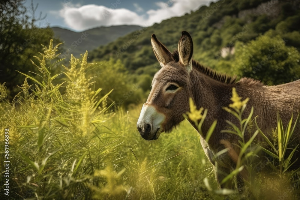 Grazing donkey in a lush meadow. Donkey herd in the pasture; tough animals used in agriculture. Anim