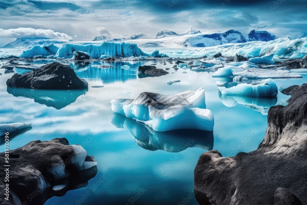 Iceland, the lagoon at Jokulsarlon Gorgeous photograph of an icelandic glacier lagoon bay. Generativ