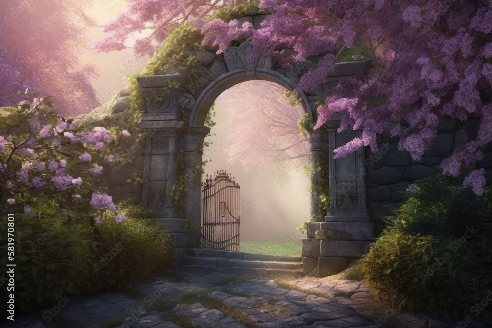 Garden from a fairytale with a stone arch and lilacs. Illustration of a fantastical scene with lilac