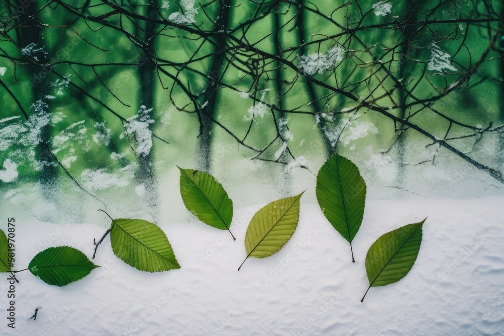 Green leaves in a winter forest environment against a vivid backdrop. Natural minimalism concept. La