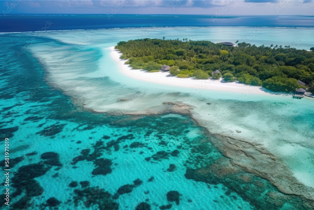 Shoreline in the Maldives as seen from Above in a Drone Image. White sand beach and crystal clear, b