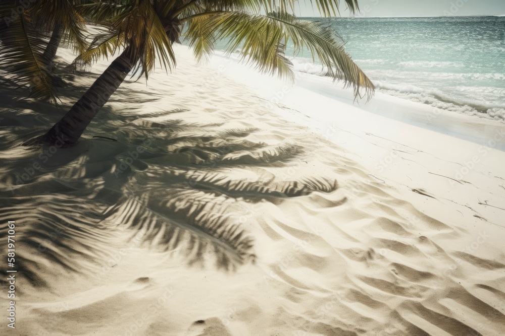 Summer vacation background featuring palm tree shadows, white sand, and waves at a tropical beach. B