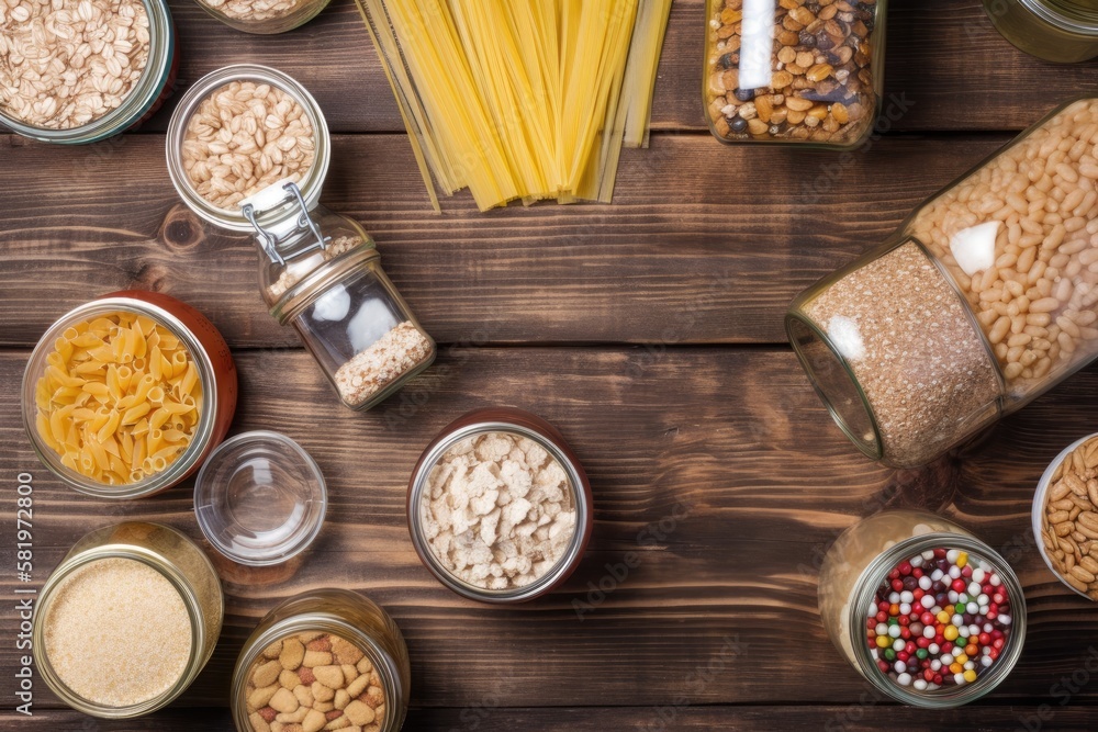 Food donations on wooden background, top view with copy space. Generative AI