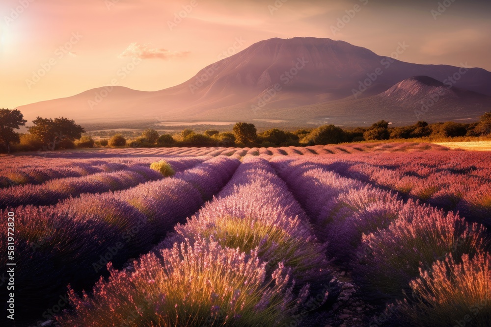 Lavender field in Provence, Mont Ventoux in the background. Sunset. Generative AI