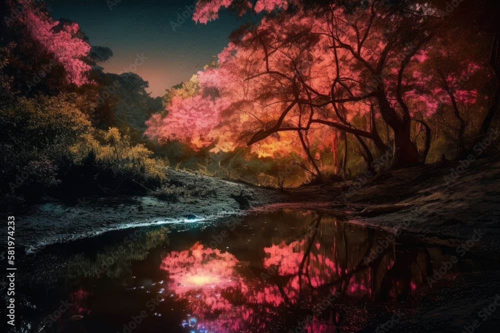 Pink tree and pond at night in the forest. Photomanipulation. Generative AI