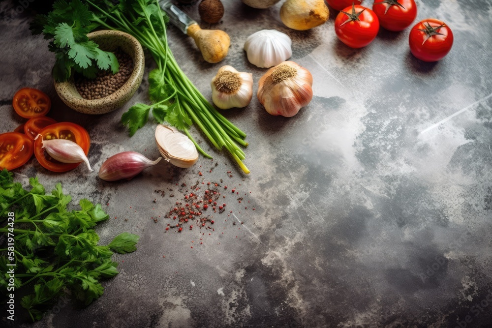 On a background of light stone, herbs and condiments. copy space in the top view. Generative AI