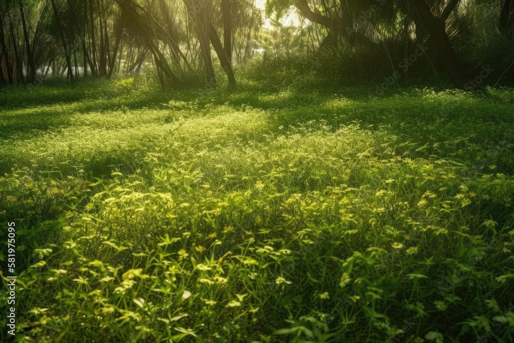 green grass field with flowers, leaves, and branches in the background. image of foliage with sun sh