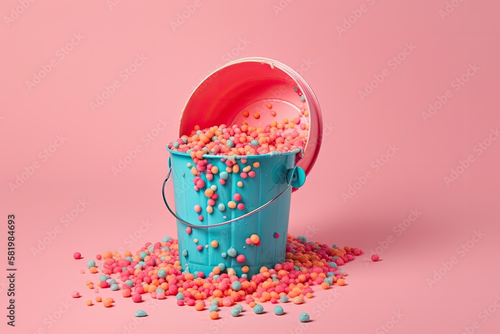 creative thought Layout of a blue paint bucket and floating roller painted corn on a pink background