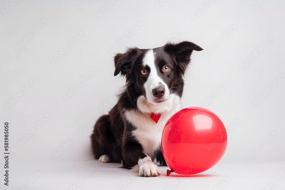 Concept for Saint Valentines Day. Funny photo of a border collie puppy holding a red heart balloon 